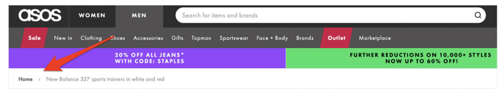 Asos website breadcrumbs