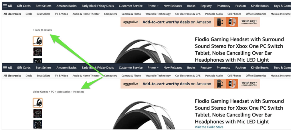 Amazon dynamic and static breadcrumbs navigation. 